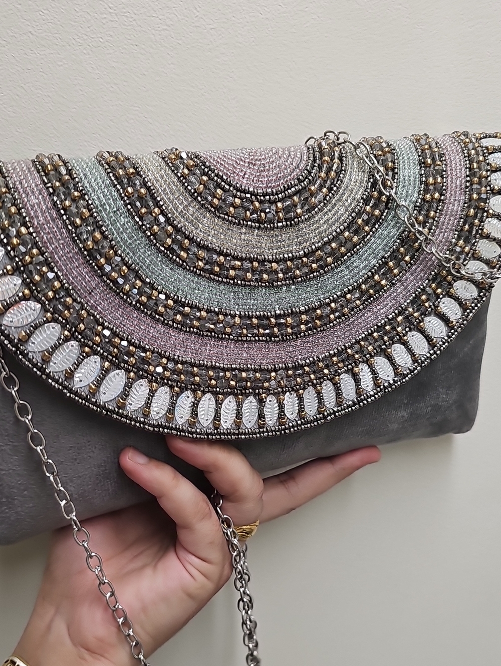 Embellished Beaded Grey Evening Clutch